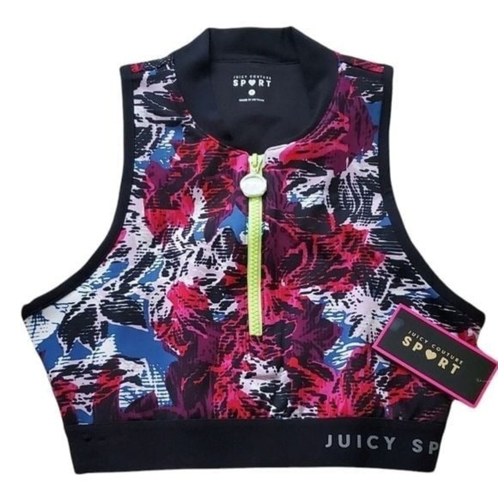 Juicy Couture womens sport crop top Gridded Floral Front Zip Sz Small new